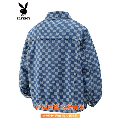 花花公子牛仔外套男士秋冬季寬鬆休閒潮流加絨保暖棋盤格夾克上衣