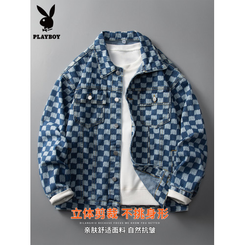 花花公子牛仔外套男士秋冬季寬鬆休閒潮流加絨保暖棋盤格夾克上衣