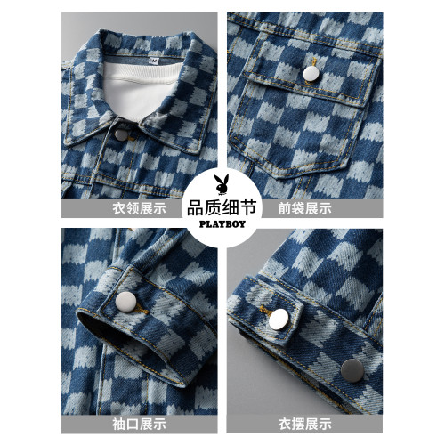 花花公子牛仔外套男士秋冬季寬鬆休閒潮流加絨保暖棋盤格夾克上衣