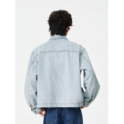 CEGFFH青春活力條紋牛仔外套男寬鬆繙領長袖夾克淺藍色復古風