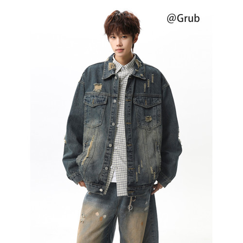 美式水洗破洞牛仔外套男春高街痞帥vibe外套復古設計感青少年夾克
