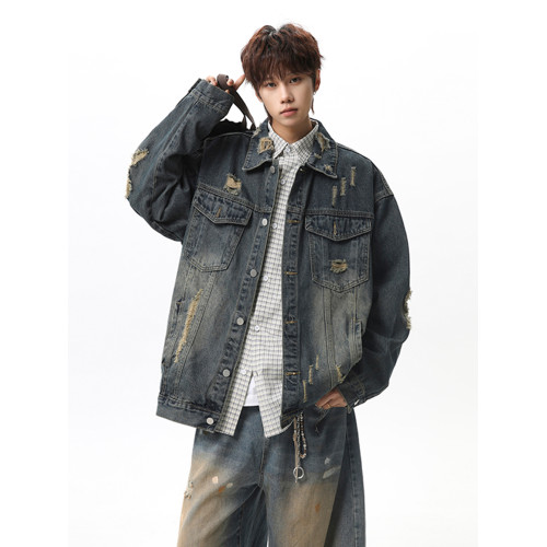 美式水洗破洞牛仔外套男春高街痞帥vibe外套復古設計感青少年夾克