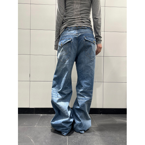 F383 美式復古巴黎釦設計竹節牛仔褲男女水洗直筒寬鬆百搭長褲ins