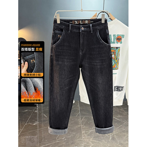 秋冬加絨加厚男士牛仔褲高彈力水洗直筒褲休閒百搭男款長褲子8836