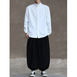 新中式休閒復古唐裝襯衫男寬鬆大碼立領中山裝長袖民族風純色內搭