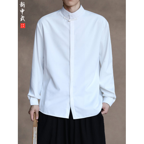 新中式休閒復古唐裝襯衫男寬鬆大碼立領中山裝長袖民族風純色內搭