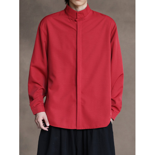 新中式休閒復古唐裝襯衫男寬鬆大碼立領中山裝長袖民族風純色內搭