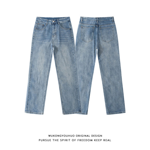 悟空有貨潮牌ins做舊水洗直筒牛仔褲男復古潮流寬鬆百搭休閒長褲