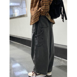 日系復古工裝牛仔褲男直筒寬鬆嘻哈潮流ins港風秋季大碼濶腿褲子