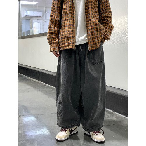 日系復古工裝牛仔褲男直筒寬鬆嘻哈潮流ins港風秋季大碼濶腿褲子
