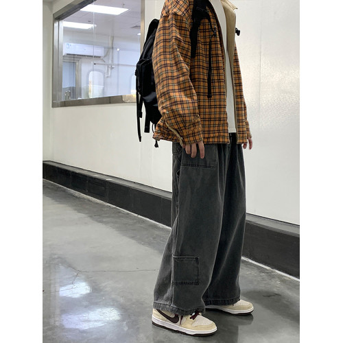 日系復古工裝牛仔褲男直筒寬鬆嘻哈潮流ins港風秋季大碼濶腿褲子