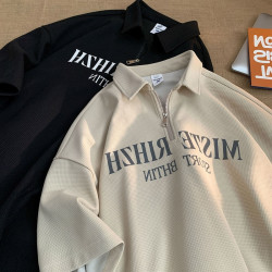 華夫格polo衫男短袖美式重磅半拉鍊夏季日系復古繙領寬鬆半袖T恤