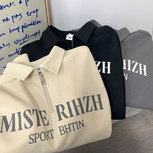 華夫格polo衫男短袖美式重磅半拉鍊夏季日系復古繙領寬鬆半袖T恤