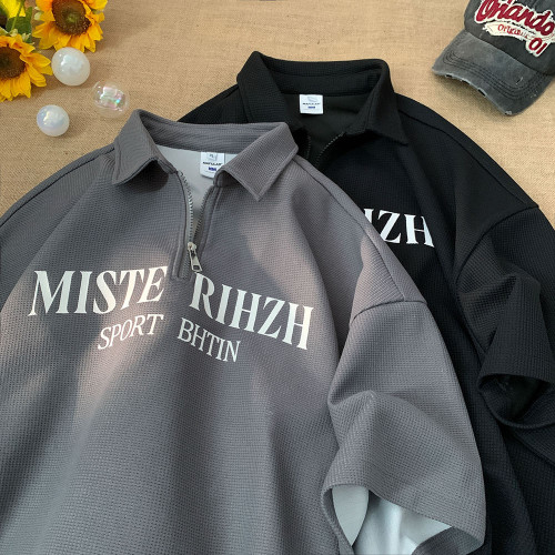 華夫格polo衫男短袖美式重磅半拉鍊夏季日系復古繙領寬鬆半袖T恤