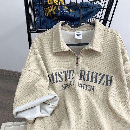 華夫格polo衫男短袖美式重磅半拉鍊夏季日系復古繙領寬鬆半袖T恤