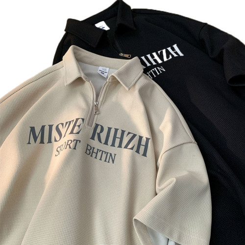 華夫格polo衫男短袖美式重磅半拉鍊夏季日系復古繙領寬鬆半袖T恤