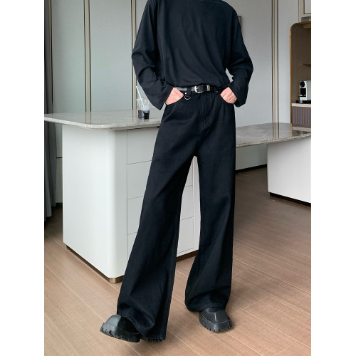 cuibuju 小衆磨破做舊復古水洗直筒牛仔褲男寬鬆百搭濶腿拖地長褲