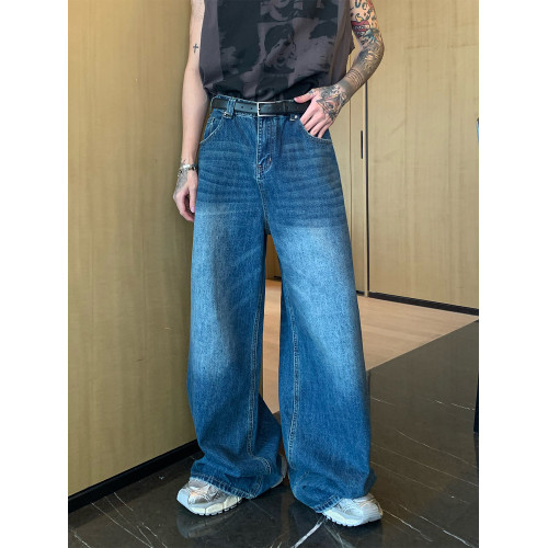 cuibuju 小衆磨破做舊復古水洗直筒牛仔褲男寬鬆百搭濶腿拖地長褲