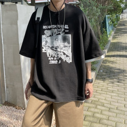 短袖T恤男生潮牌美式2025夏季港風ins超火寬鬆百搭復古印花五分袖