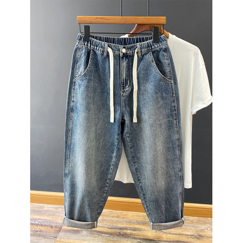 加絨復古牛仔褲男款直筒寬鬆美式做舊水洗松緊腰百搭休閒濶腿褲子