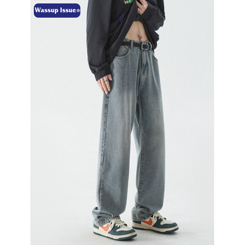 WASSUP ISSUE美式高街直筒牛仔褲男秋冬寬鬆濶腿長褲加絨褲子男款