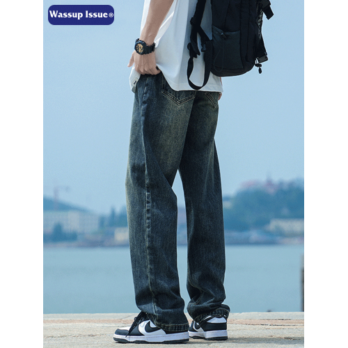 WASSUP ISSUE美式高街水洗牛仔褲男款秋冬寬鬆直筒濶腿加絨褲子男 WASSUP ISSUE美式高街水洗牛仔褲男款秋冬寬鬆直筒濶腿加絨褲子男