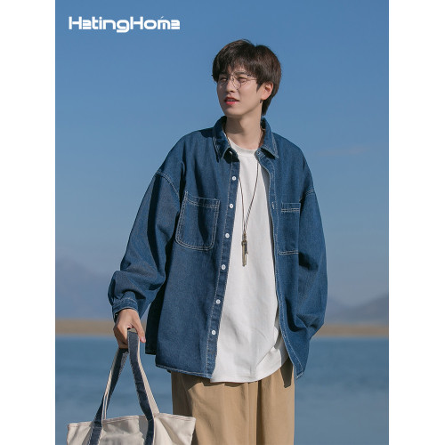 hetinghome龍拳！春季潮牌情侶牛仔長袖襯衫寬鬆男生外穿襯衣美式