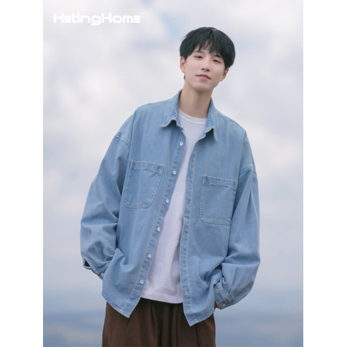 hetinghome龍拳！春季潮牌情侶牛仔長袖襯衫寬鬆男生外穿襯衣美式