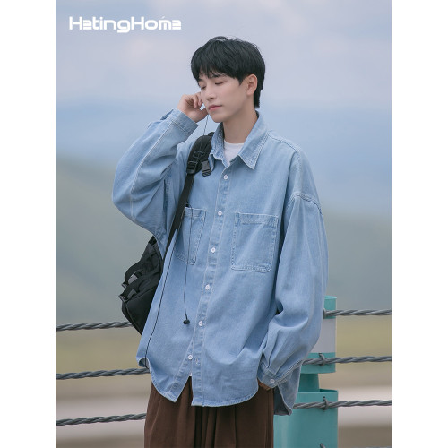 hetinghome龍拳！春季潮牌情侶牛仔長袖襯衫寬鬆男生外穿襯衣美式