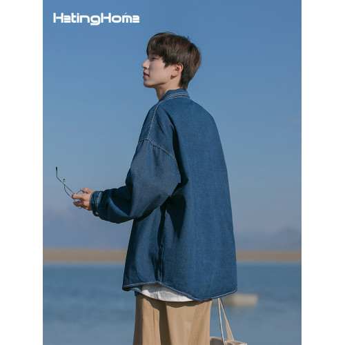 hetinghome龍拳！春季潮牌情侶牛仔長袖襯衫寬鬆男生外穿襯衣美式