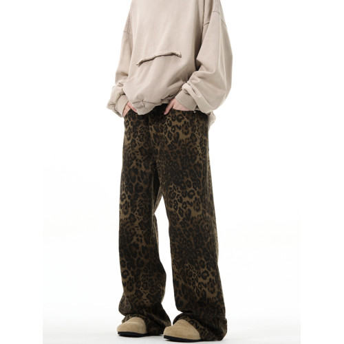 MADWITCH原創新款美式復古豹紋牛仔褲直筒寬鬆男vintage休閒褲子