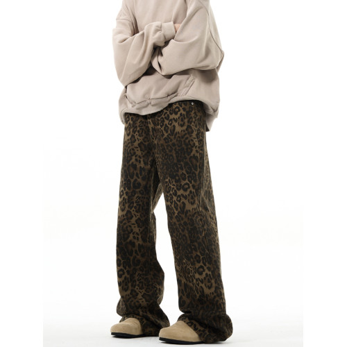 MADWITCH原創新款美式復古豹紋牛仔褲直筒寬鬆男vintage休閒褲子