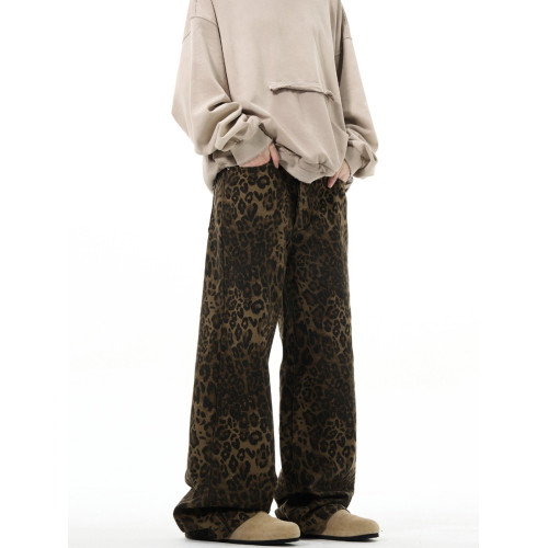 MADWITCH原創新款美式復古豹紋牛仔褲直筒寬鬆男vintage休閒褲子