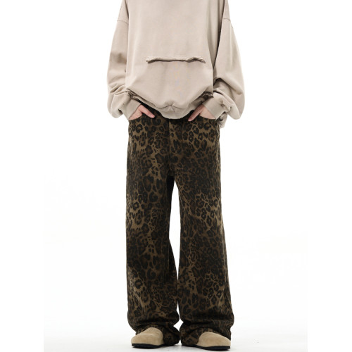 MADWITCH原創新款美式復古豹紋牛仔褲直筒寬鬆男vintage休閒褲子