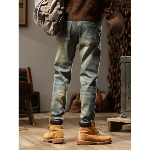 美式復古牛仔褲男彈力黃泥水洗胖子大碼修身直筒小腳加絨肥佬長褲