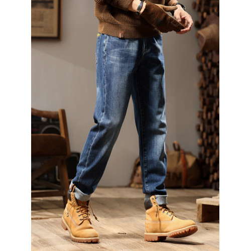 美式復古牛仔褲男彈力黃泥水洗胖子大碼修身直筒小腳加絨肥佬長褲