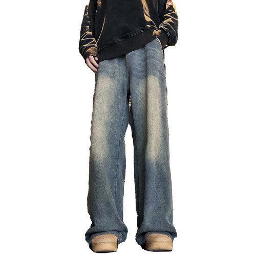 美式復古牛仔褲男士潮牌ins垂感拖地褲春秋季寬鬆做舊休閒濶腿褲