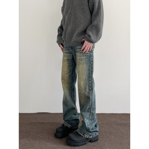 美式高街vibe復古水洗做舊牛仔褲男潮直筒微喇顯瘦cleanfit長褲子