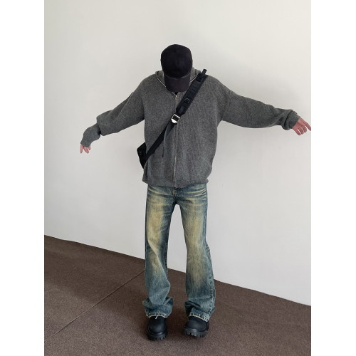 美式高街vibe復古水洗做舊牛仔褲男潮直筒微喇顯瘦cleanfit長褲子