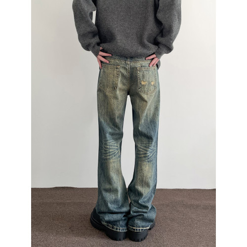 美式高街vibe復古水洗做舊牛仔褲男潮直筒微喇顯瘦cleanfit長褲子