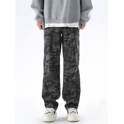 QOTRIOCK美式迷彩牛仔褲男女重磅潮牌寬鬆加絨解搆直筒工裝褲子