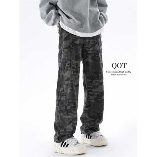 QOTRIOCK美式迷彩牛仔褲男女重磅潮牌寬鬆加絨解搆直筒工裝褲子
