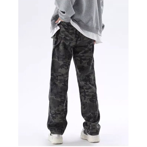 QOTRIOCK美式迷彩牛仔褲男女重磅潮牌寬鬆加絨解搆直筒工裝褲子