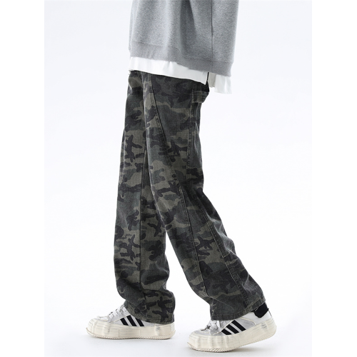 QOTRIOCK美式迷彩牛仔褲男女重磅潮牌寬鬆加絨解搆直筒工裝褲子