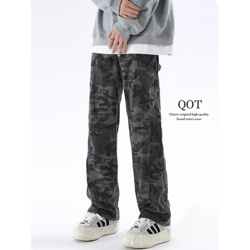 QOTRIOCK美式迷彩牛仔褲男女重磅潮牌寬鬆加絨解搆直筒工裝褲子
