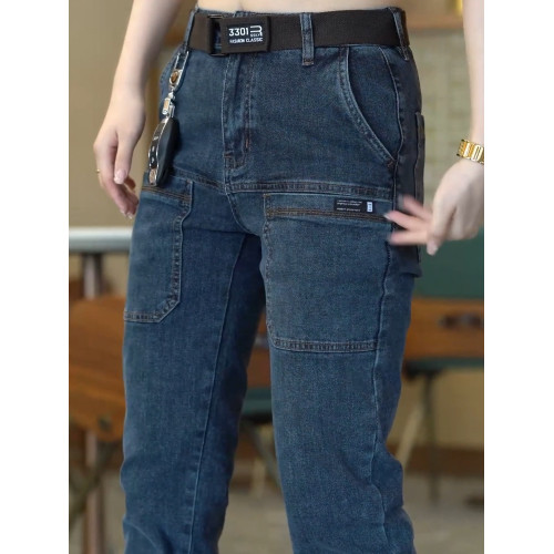 潮流六兜新品男士牛仔褲春季時尚多口袋直筒長工裝褲彈力寬鬆男褲