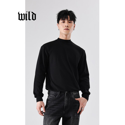 半高領衛衣男 春季寬鬆休閒運動內搭打底高級感美式純黑色長袖t恤