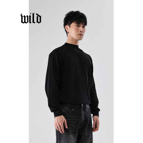 半高領衛衣男 春季寬鬆休閒運動內搭打底高級感美式純黑色長袖t恤