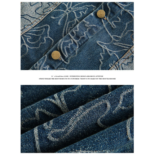 GPstudio早春新款復古蝴蝶提花破洞牛仔外套男設計感小衆夾克