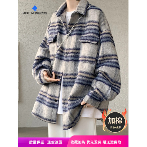 毛呢格子夾克外套男士2025年春秋季潮牌美式復古休閒寬鬆繙領上衣